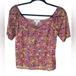 BP Floral Mesh Top Sheer Puff Sleeve Cottagecore Y2K Pink Small Made in USA